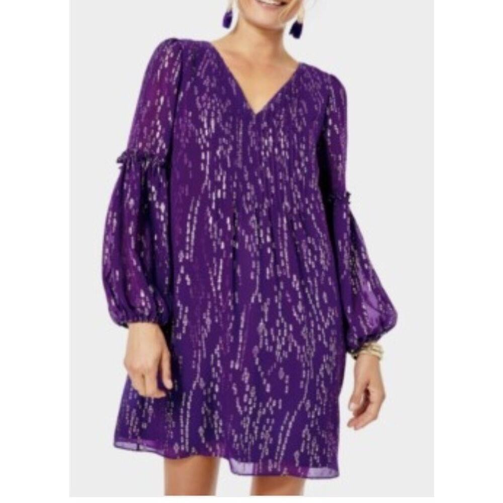 Lilly Pulitzer Cleme Silk Dress Sz 2 Purple Berry Fish Clip‎ Chiffon Silver $258